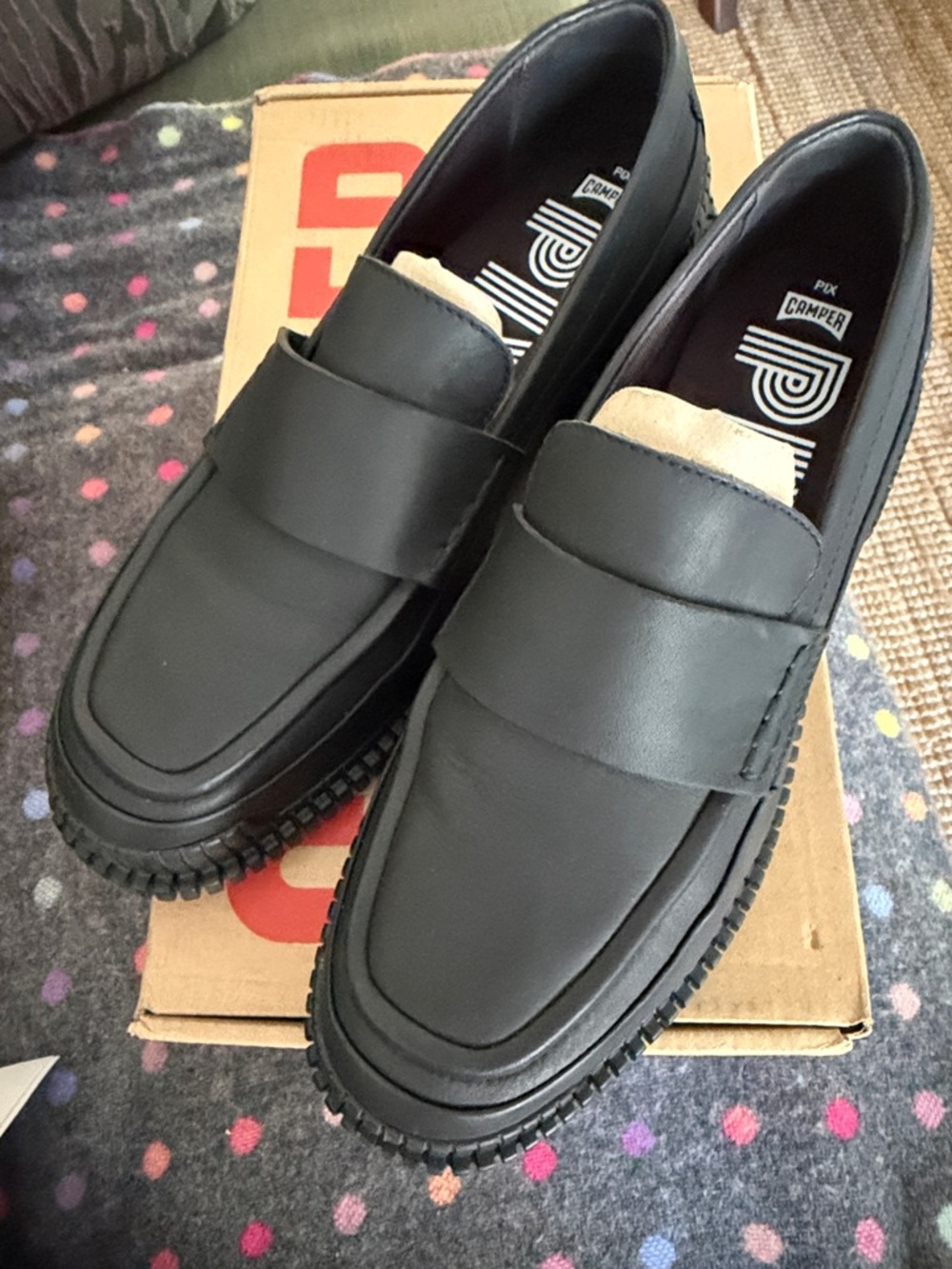 Camper Black Leather Slip-On Penny Loafers